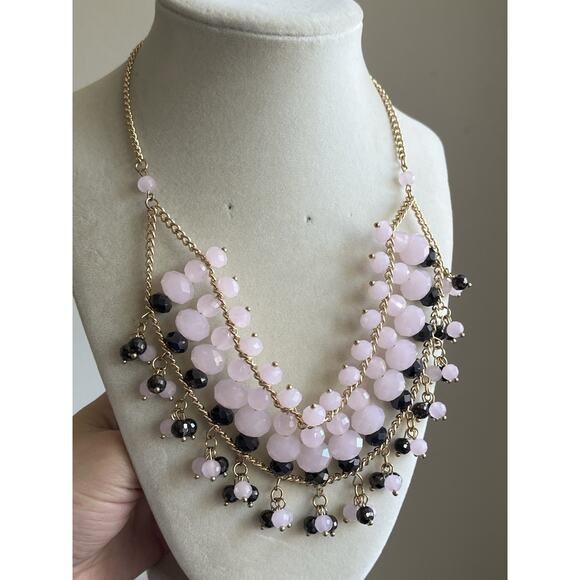 NWT LISA E Gold Tone Chain Pink Black bead Statement Necklace - Picture 1 of 5